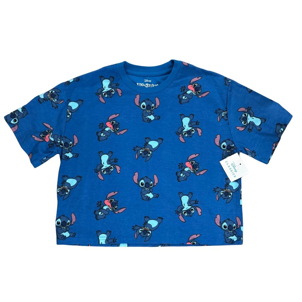 Disney Stitch All Over Print Graphic Tee Blue Disney Classics Medium NEW
